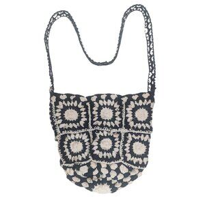 Handmade Black & White Crochet Shoulder Bag Boho Festival Bucket Tote